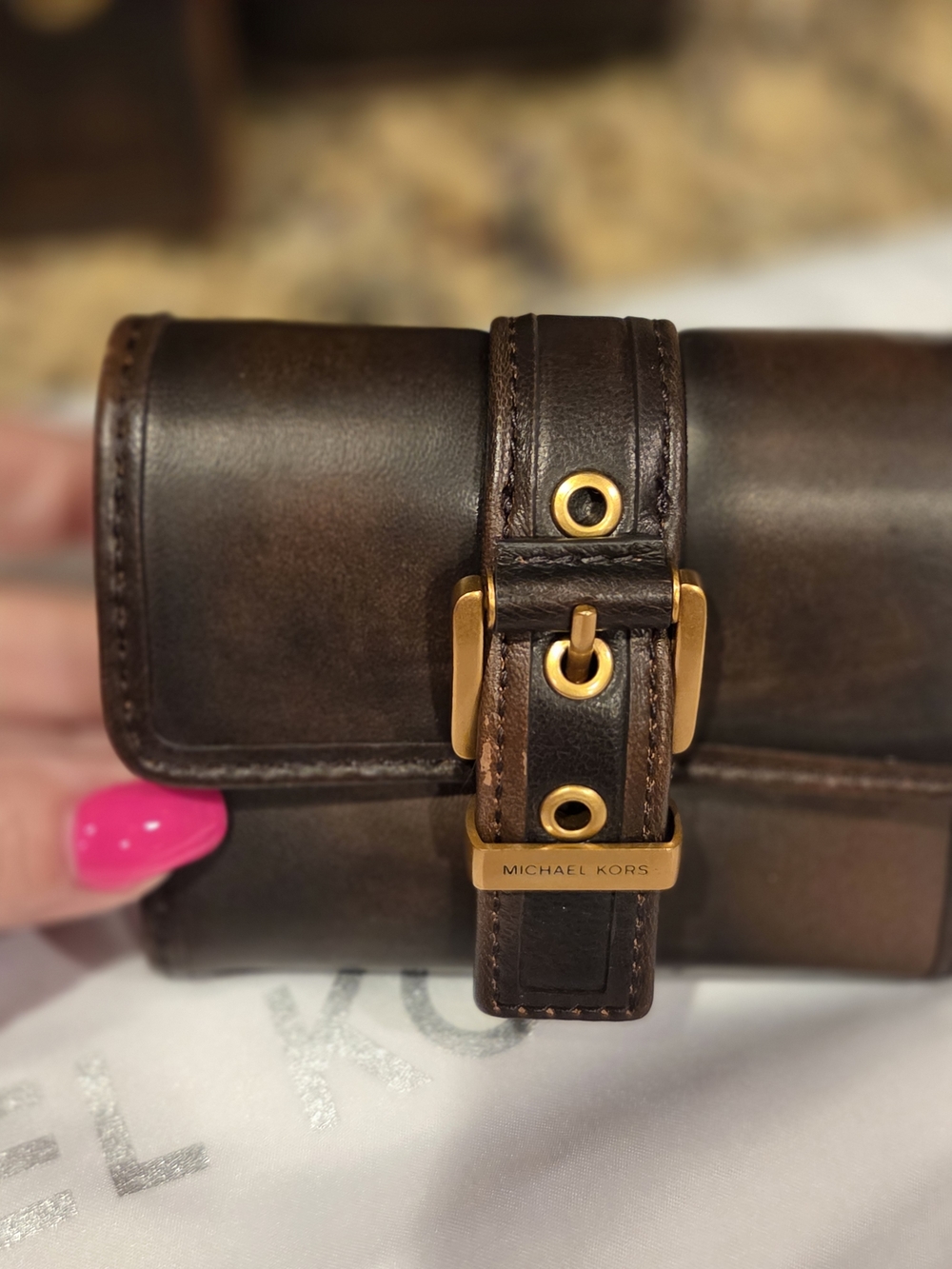 Michael Kors Brown Leather  Compact Wallet with Gold Buckle